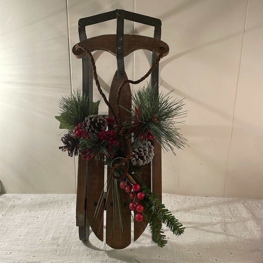 Vintage Wooden Green Painted Metal Quality Sled